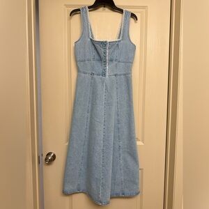 Wayf Lace-Trimmed Light Blue Denim Midi Dress